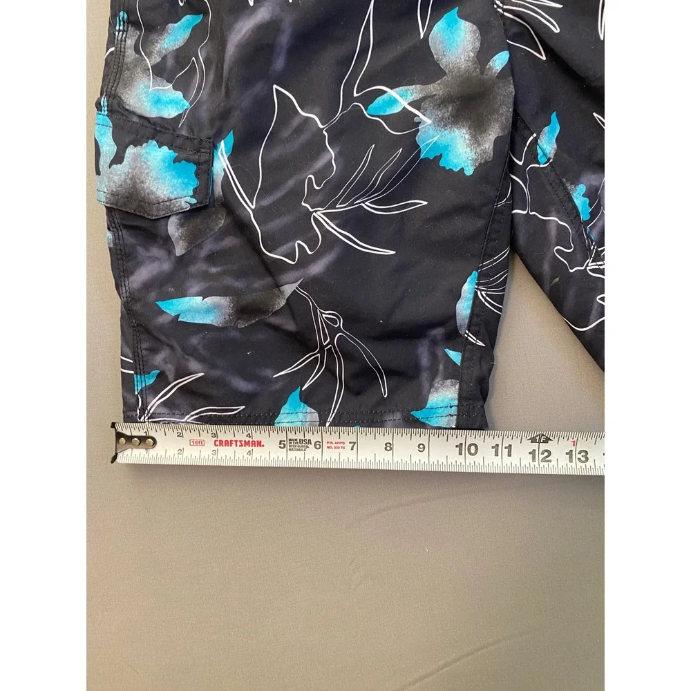 Kanu Men's Black Blue Floral Swim Trunks‎ Shorts M Cargo Pocket Drawstring Waist